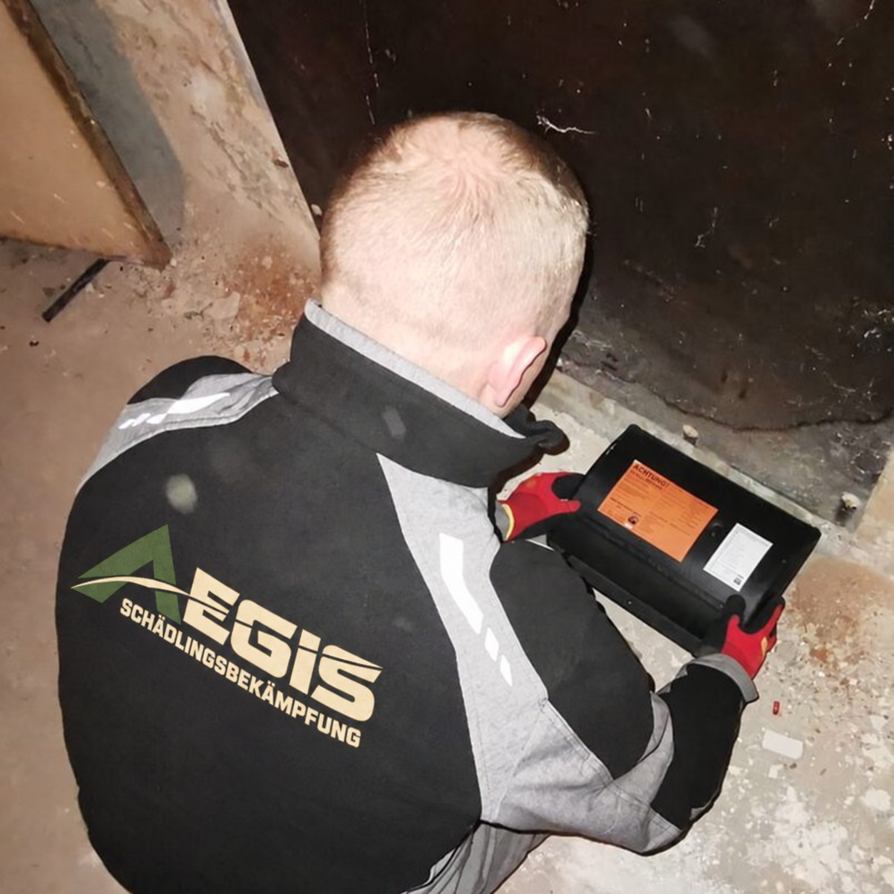 Techniker mit AEGIS-Logo beim Aufstellen einer Rattenköderstation